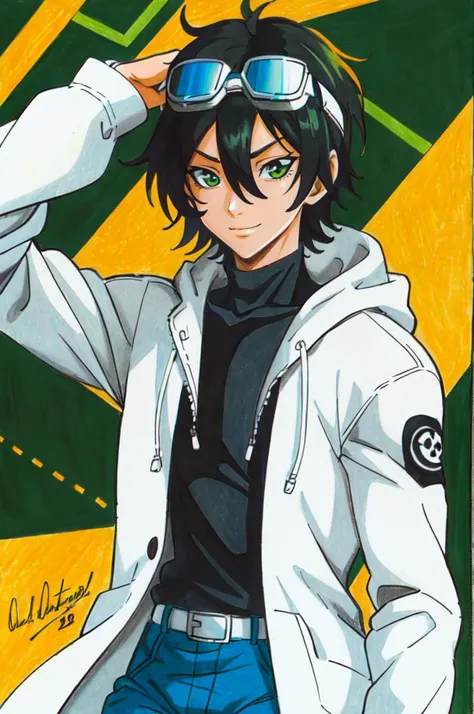 <lora:Traditional_Media_Anime:0.9> detailed eyes, traditional media,, ultra detailed, masterpiece, best quality, aesthetic, detailed,, ultra detailed, masterpiece, best quality, solo, smile, 1boy, green eyes, short hair, black hair, bangs, hair between eyes, messy hair, (goggles on head:1.2),, headband, white coat, hooded coat, hood down, open coat, turtleneck, capri pants, pants, black knee boots,