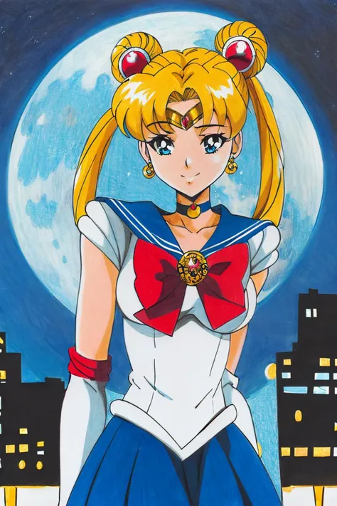 <lora:Traditional_Media_Anime:1>, masterpiece, best quality, highres, 1girl, aausagi, double bun, twintails, parted bangs, circlet, jewelry, earrings, choker, red bow, white gloves, elbow gloves, blue skirt, <lora:sailor_moon_v1:0.7>, standing, cowboy shot, night, outdoors, moon, smile