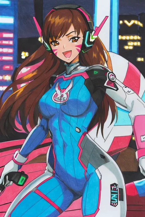 <lora:Traditional_Media_Anime:1>, masterpiece, best quality, highres, aahana, long hair, brown hair, headphones, whisker markings, shoulder pads, blue bodysuit, ribbed bodysuit, animal print, clothes writing, long sleeves, white gloves, <lora:d.va_v1:0.8>, cowboy shot, standing, holding weapon, handgun, smile, open mouth, cyberpunk,