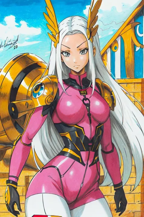 <lora:Traditional_Media_Anime:1> detailed eyes, traditional media,, ultra detailed, masterpiece, best quality, aesthetic, detailed,, serious, 1girl, (white eyes:1.1), (grey eyes:1.3), white hair, very long hair, parted hair, parted bangs, <lora:parted_hair_v1.3:1.3>, medium breasts,, valkyrie, (bodysuit:1.1), pink wing hair ornament, grey armored skirt, black bodysuit, armor, gauntlets, pink breastplate, greaves, armored dress, pink hues,