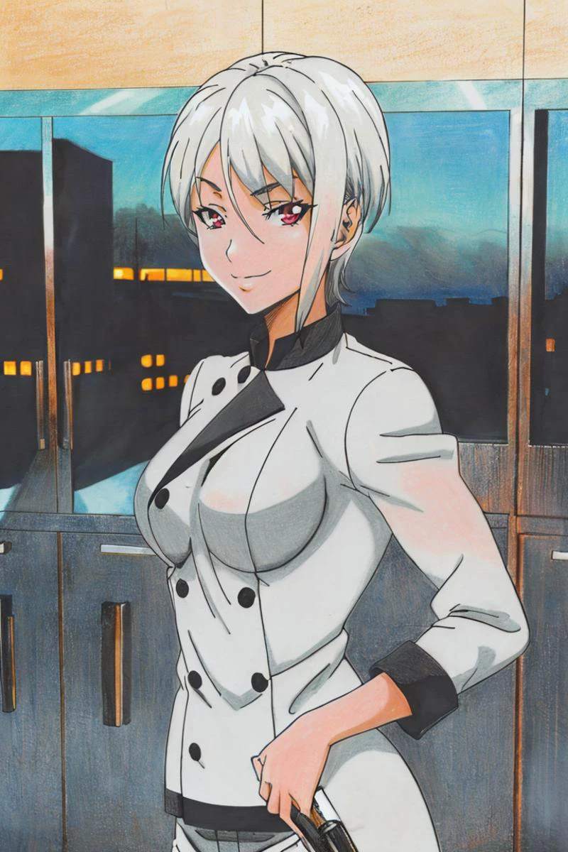 <lora:Traditional_Media_Anime:1>, ((masterpiece,best quality)), absurdres, <lora:Nakiri_Alice_Shokugeki:0.8>, Nakiri_Alice_Shokugeki, white hair, short hair, red eyes, chef, solo, smiling, looking at viewer, cowboy shot,