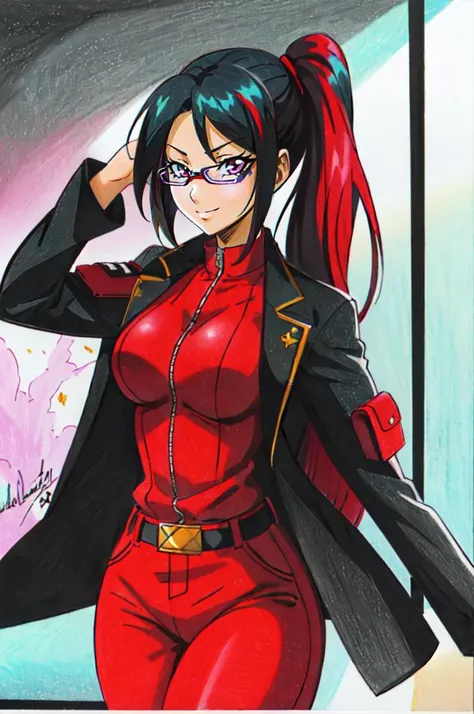 <lora:Traditional_Media_Anime:0.9> detailed eyes, traditional media,, ultra detailed, masterpiece, best quality, aesthetic, detailed,, solo, smug smile, 1girl, purple eyes, red-framed eyewear, (black hair, red colored tips:1.2), red streaked hair, very long hair, side ponytail, tied hair, medium breasts,, <lora:StS-Coat-and-Jacket-On-Shoulders-Iteration2:0.7> dataset, jacket on shoulders, coat on shoulders, red dress, sleeves rolled up, fingerless gloves, holster, belt, multiple belts, combat boots, bulletproof vest, pants, black coat, tactical clothes,