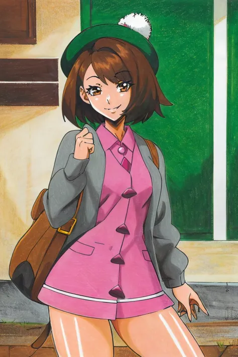 <lora:Traditional_Media_Anime:1>, ((masterpiece,best quality)), absurdres, <lora:gloria_(pokemon)_v1:0.7>, gloria \(pokemon\), brown hair, solo, backpack, brown eyes, tam o' shanter, grey cardigan, pink dress, short hair, green socks, socks, brown bag, bob cut, bangs, long sleeves, collared dress, solo, smiling, looking at viewer, cowboy shot, ,