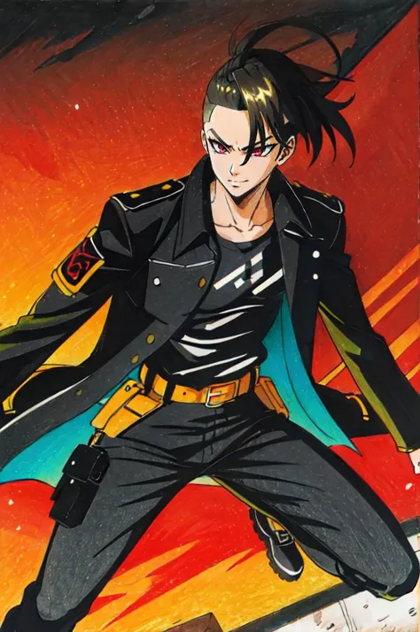 <lora:Traditional_Media_Anime:0.9> detailed eyes, traditional media, black and red theme,, ultra detailed, masterpiece, best quality, aesthetic, detailed,, solo, smug smile, 1boy, red eyes, <lora:Tsurime3:0.7>, (tsurime:1.2), black hair, undercut, top knot, parted bangs, long bangs, bangs, short hair, hair intakes, tall,, <lora:StS-Coat-and-Jacket-On-Shoulders-Iteration2:0.7> dataset, jacket on shoulders, (coat on shoulders:1.3), black coat, dress shirt, sleeves rolled up, fingerless gloves, holster, pants, belt, multiple belts, combat boots, bulletproof vest, tactical clothes,