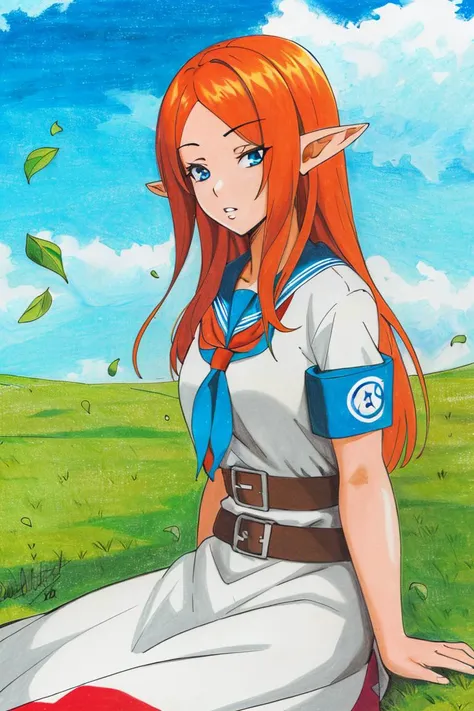 <lora:Traditional_Media_Anime:0.8>, ((masterpiece,best quality)), absurdres,
1girl, solo, long hair, blue eyes, skirt, sitting, orange hair, outdoors, parted lips, sky, day, pointy ears, belt, cloud, white dress, neckerchief, looking to the side, leaf, traditional media, grass, wind, armband, long skirt,
