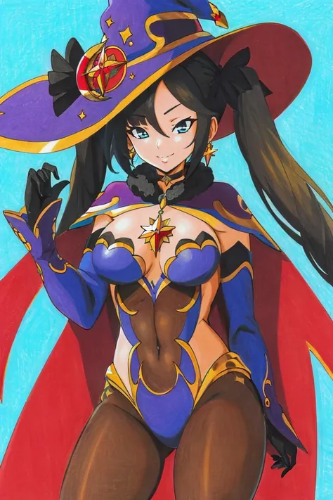 <lora:Traditional_Media_Anime:1>, ((masterpiece,best quality)), absurdres, <lora:mona_v1:0.7>, aamona, long hair, twintails, hair ornament, black ribbon, earrings, witch hat, purple headwear, choker, cape, fur trim, gold trim, blue leotard, detached sleeves, gloves, pantyhose, cowboy shot, smile,