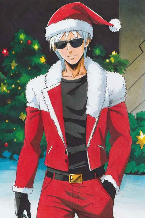 <lora:Traditional_Media_Anime:1>, ((masterpiece,best quality)), absurdres,
solo, smile, gloves, 1boy, jewelry, red jacket, white hair, male focus, belt, pants, santa hat, black shirt, sunglasses,