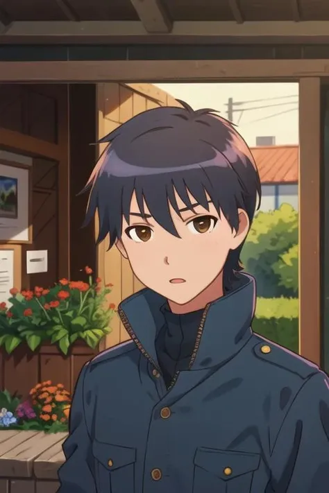 masterpiece, best quality, game cg, 1boy, solo, male focus, looking at viewer, upper body, depth of field, <lora:daisuke_higashida:0.74>, daisuke_higashida, black hair, brown eyes, scarecrow costume, military science fiction,