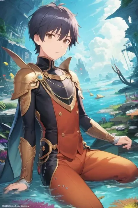 masterpiece, best quality, illustration, 1boy, solo, male focus, looking at viewer, , depth of field, <lora:daisuke_higashida:0.68>, daisuke_higashida, black hair, brown eyes, comic book character costume, Atlantis: A lost city of great wisdom and power, now drowned beneath the sea,