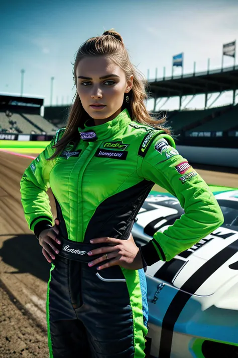 a sports photograph of beautiful (KW116:1.1) woman,as a NASCAR race car driver,wearing a (lime green) racing firesuit,standing next to racing stock car,parked in victory lane,holding championship trophy,speedway in background,sports magazine photoshoot,sharp focus,detailed eyes,(highly detailed),(HDR),(8k wallpaper),colorful,intricately detailed,highres,absurdres,hyper realistic,8K UHD DSLR,Fujifilm XT3,taken with (Canon EOS 1Ds camera),extremely intricate,dramatic,(looking at viewer),4k textures,hyperdetailed,as seen in (Sports Illustrated),PA7_Portrait-MS,<lora:KW116_04A-000002:1.0>,