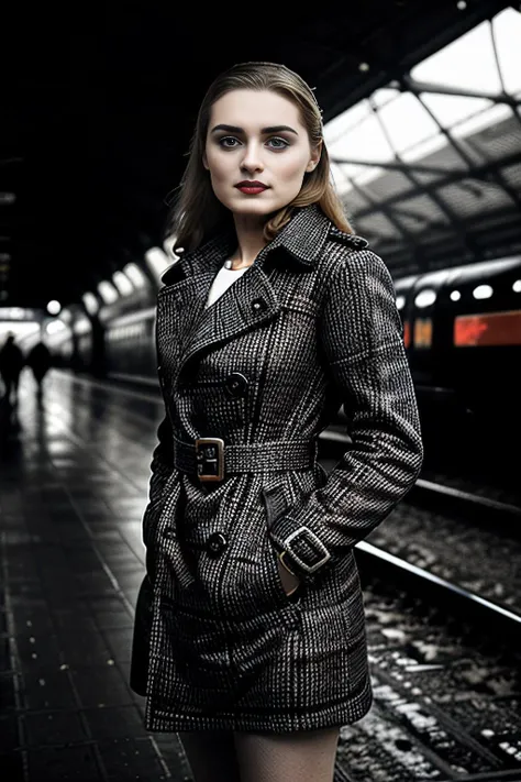 a (vintage black and white photograph:1.2) of beautiful (M36D0n:1.1) woman,as a secret agent during WWII,wearing a long (tweed trench coat:1.2),(bright red lipstick:1.4),carrying an attache case,with long hair,standing on railway platform at (Paddington Station in London:1.2),victorian architecture,as a passenger train arrives,with busy crowds walking by,hero view angle,(looking at viewer),black and white photograph,detailed eyes,absurdres,face focus,extremely intricate,dramatic,elegant,b&w,film grain,faded,PA7_Portrait-MS,<lora:M36D0n_04A-000002:1.0>,