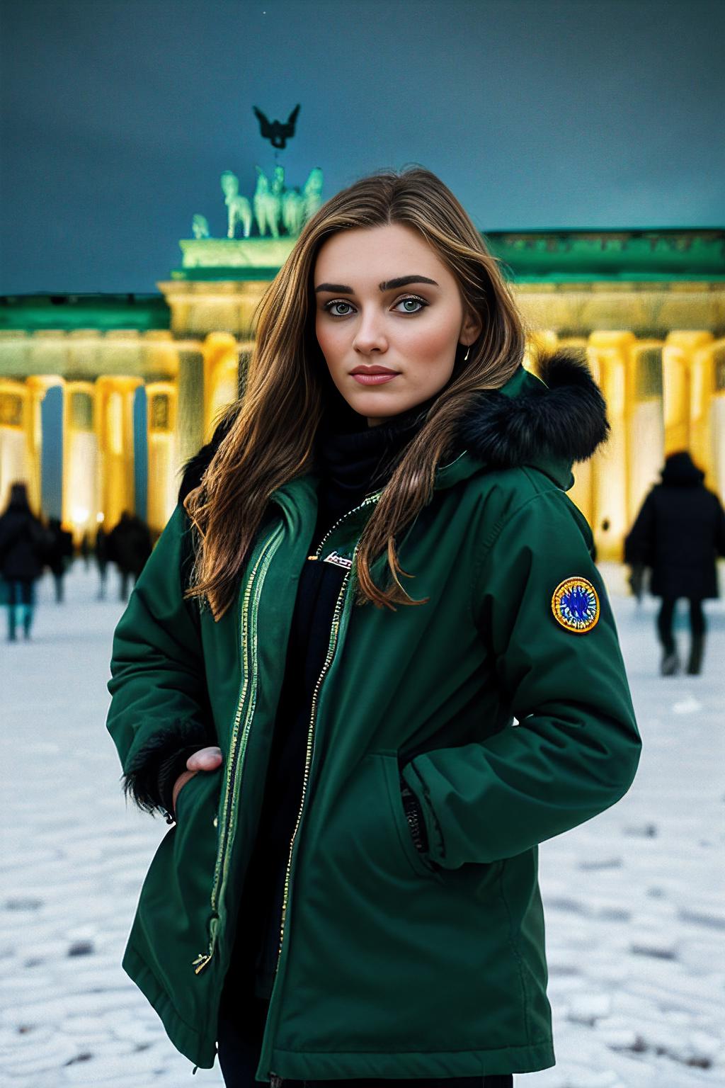 A woman standing in front of a building with a green coat - SeaArt AI