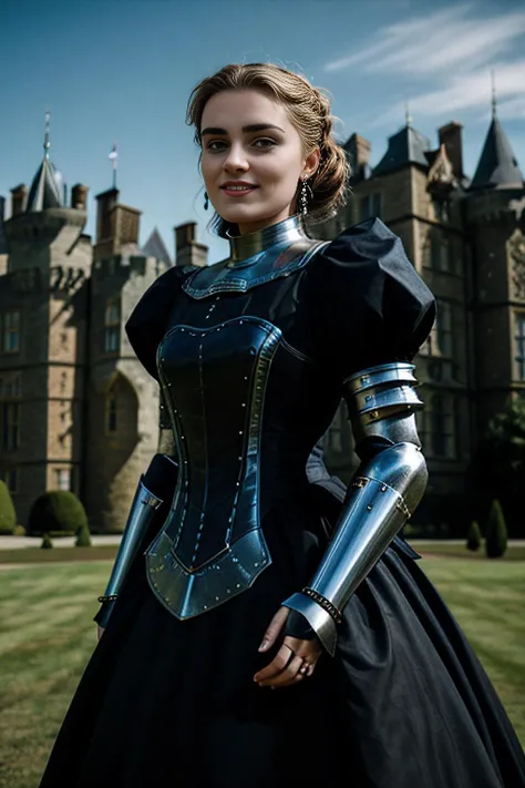 a realistic photograph of beautiful (M36D0n:1.1) woman in a (1840's Victorian era ballgown|suit of armor:0.6) in the fashion of (armor battle dress:1.2),posing for a picture,standing in front of a (medival castle:1.3),[victorian dress|armor:0.5],4K,Masterpiece,highres,absurdres,photorealistic,smiling,PA7_Portrait-MS,<lora:M36D0n_04A-000002:1.0>,