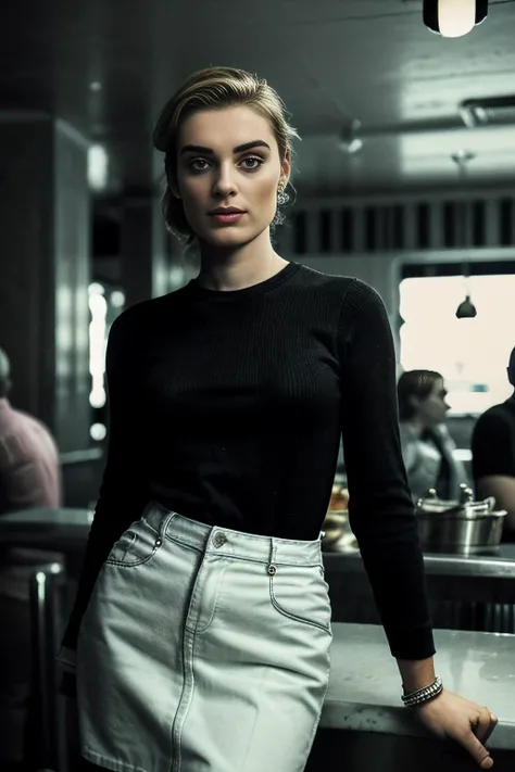 a realistic photograph of beautiful (M36D0n:1.1) woman as a waitress,standing behind the counter of a 1950's (american diner restaurant:1.1),with a striped shirt and red belt,soft lighting,high quality,film grain,Fujifilm XT3,(highly detailed),(Award winning),(Masterpiece),(HDR),(8k wallpaper),colorful,intricate,detailed,high contrast,looking_at_viewer,highres,absurdres,hyper realistic,HDR UDH 8K wallpaper,depth_of_field,(low_view:1.2),PA7_Portrait-MS,<lora:M36D0n_04A-000002:1.0>,