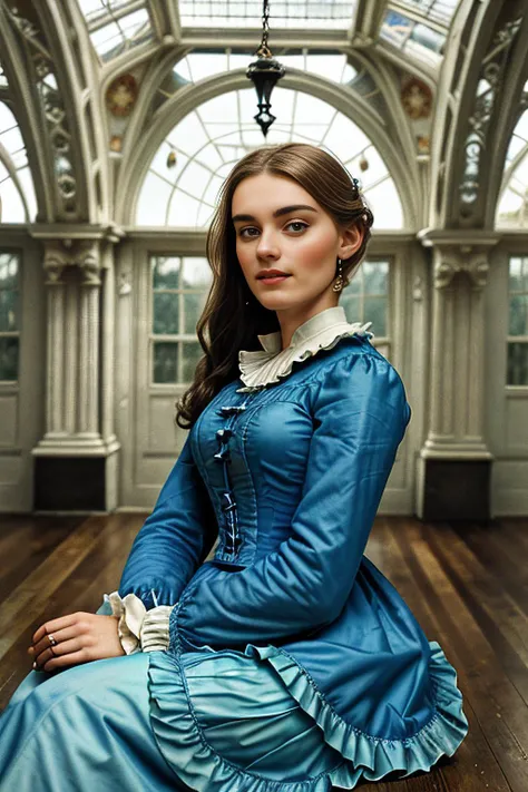 A vintage painting of beautiful (M36D0n:1.1) woman as a (beautiful young contessa:1.1),wearing an exquisite (blue 1850's Victorian dress with overskirt:1.3),in a (Victorian conservatory room:1.2),sitting on an ornately decorated couch next to a fireplace,with famous artwork hanging on the wall and sculptures on side tables,With fresh flower arrangements,Thick red drapes hang on large windows,with sun beams streaking in,art in the style of Daniel Ridgway Knight,soft lighting,high quality,film grain,Fujifilm XT3,(highly detailed),(Award winning),(Masterpiece),(HDR),(8k wallpaper),colorful,intricate,detailed,high contrast,looking_at_viewer,highres,absurdres,hyper realistic,(low_view:1.2),PA7_Portrait-MS,<lora:M36D0n_04A-000002:1.0>,