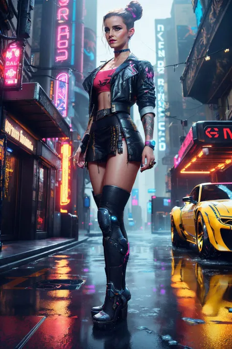 A stunning digital painting of (emma watson:1.0),solo, (middle shot:1.4), realistic, masterpiece, best quality, high detailed, (As Female V from Cyberpunk 2077, create an epic 8K quality digital art. She's in the middle of Night City's neon-drenched streets, rain-slicked pavements reflecting the multicolored lights. Dressed in her signature Samurai jacket with advanced cybernetics visible on her arms and face, her icy gaze is locked on something beyond the frame. The stunning display of the city s futuristic skyline and dynamic weather elements make it a true masterpiece.:1.3),(in the style of Roger Dean:1.1),epic fantasy character art, concept art, fantasy art,  fantasy art, vibrant high contrast,trending on ArtStation, dramatic lighting, ambient occlusion, volumetric lighting, emotional, Deviant-art, hyper detailed illustration, 8k, gorgeous lighting, <lora:VampiricTech:0.35>,vamptech ,(full height portrait:1.8),(A slicked-back low bun that emphasizes the curve of the neck and jawline, with the hair styled to look wet.:1.2),photoshoot