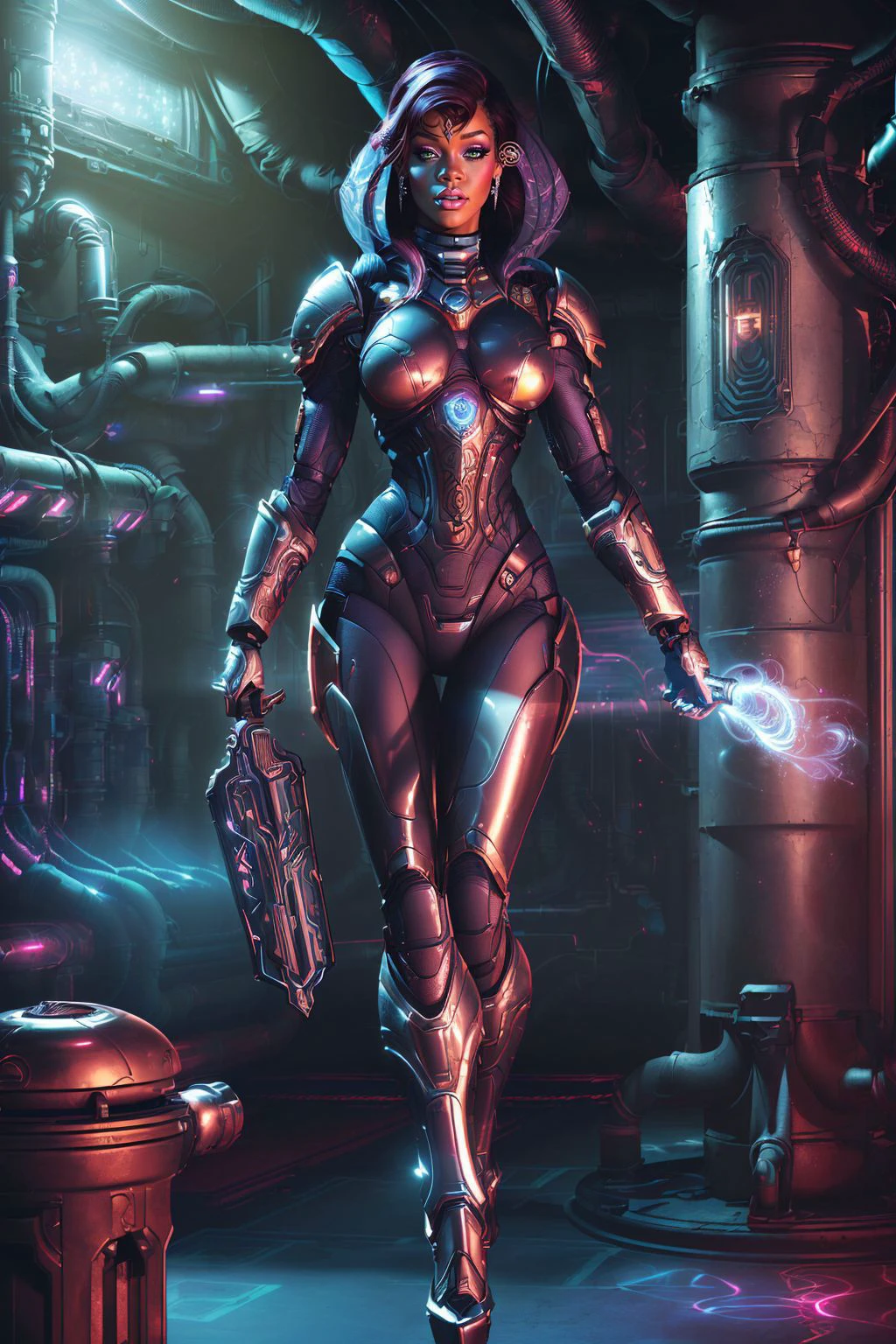 A stunning digital painting of (rihanna:1.0),solo, (middle shot:1.4), realistic, masterpiece, best quality, high detailed, (As Female Tali'Zorah vas Normandy: Craft an intricate 8K masterpiece of Tali'Zorah, the quarian engineer, her face concealed behind her signature opaque faceplate. Highlight the meticulous details of her enviro-suit, complex circuitry designs etched along her arms and her Omni-tool glowing bright in the dark recesses of the ship's engine room.:1.3),(in the style of John Howe:1.1),epic fantasy character art, concept art, fantasy art, fantasy art, vibrant high contrast,trending on ArtStation, dramatic lighting, ambient occlusion, volumetric lighting, emotional, Deviant-art, hyper detailed illustration, 8k, gorgeous lighting, <lora:VampiricTech:0.35>,vamptech ,(full height portrait:1.8),(A retro-inspired bouffant style with hair teased high at the crown and styled in loose curls at the ends.:1.2),photoshoot