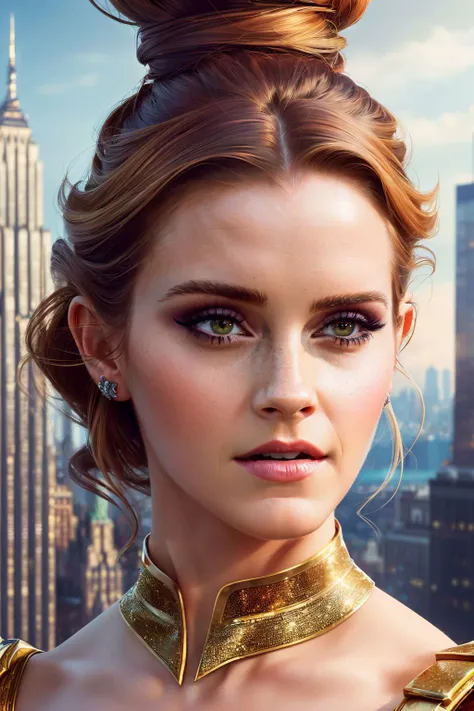 A stunning digital painting of (emma watson :1.0),solo, (middle shot:1.4), realistic, masterpiece, best quality, high detailed, (As Rogue, craft a vibrant image set in the bustling cityscape of New York. Donning her iconic green and yellow costume with her white-streaked auburn hair flowing freely, she's soaring through the skyscrapers. This high-resolution, 8k masterpiece perfectly captures her strength and the carefree freedom of flight amidst the vivid city backdrop.:1.3),(in the style of Frank Frazetta:1.1),epic fantasy character art, concept art, fantasy art, fantasy art, vibrant high contrast,trending on ArtStation, dramatic lighting, ambient occlusion, volumetric lighting, emotional, Deviant-art, hyper detailed illustration, 8k, gorgeous lighting, <lora:VampiricTech:0.35>,vamptech ,(full height portrait:1.8),(Retro-inspired victory rolls that add height and drama to the hairstyle.:1.2),photoshoot