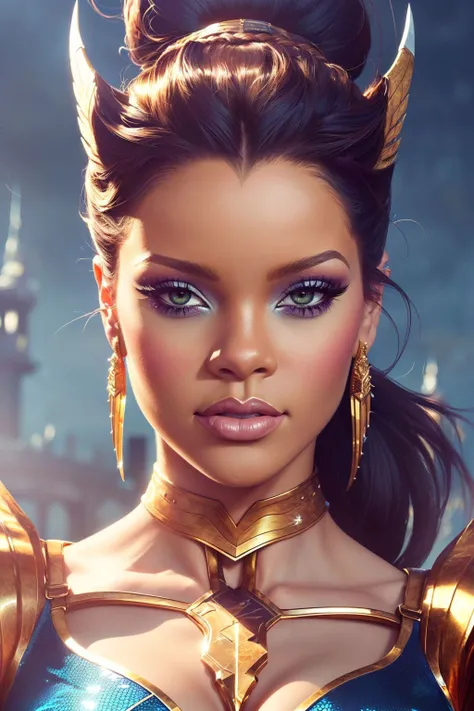 A stunning digital painting of (rihanna :1.0),solo, (middle shot:1.4), realistic, masterpiece, best quality, high detailed, (As a female Wolverine, illustrate her in her yellow and blue costume, adamantium claws extended. The painting should capture her fierce combat readiness in a high-resolution, striking 8k masterpiece, emphasizing her wild spirit in the best artwork in the world.:1.3),(in the style of Alan Lee:1.1),epic fantasy character art, concept art, fantasy art, fantasy art, vibrant high contrast,trending on ArtStation, dramatic lighting, ambient occlusion, volumetric lighting, emotional, Deviant-art, hyper detailed illustration, 8k, gorgeous lighting, <lora:VampiricTech:0.35>,vamptech ,(full height portrait:1.8),(Low ponytail with feather hair accessory: A low ponytail wrapped with a delicate feather hair accessory, giving a soft and feminine feel to the look.:1.2),photoshoot