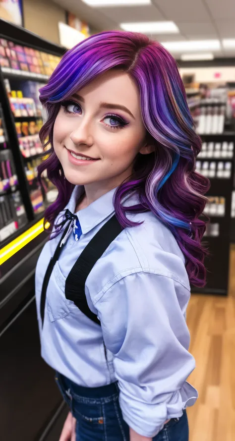 audra miller, solo, rainbow hair, purple eyes, cashier,
middle shot, realistic,
tilt shift,
masterpiece, professional, high quality, beautiful, amazing, historic, zbrushcentral, Braces, long hair,
masterpiece, highres, 4k, detailed background, neat, (macho:0.8),