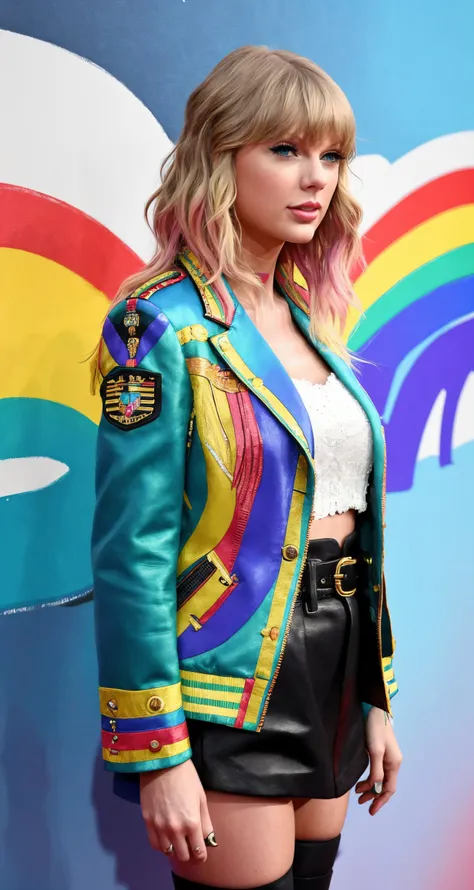 taylor swift, solo, rainbow hair, dark green eyes, guard,
middle shot, realistic,
pastel painting,
masterpiece, professional, high quality, beautiful, amazing, sci-fi, Getty Images, Letter Jacket, absurdly long hair,
masterpiece, highres, 4k, detailed background, apocalyptic, (rainbow:0.8),