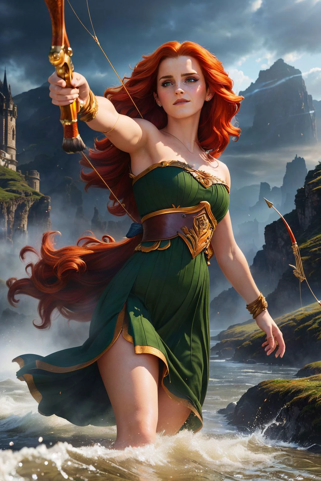 Emma Watson, A stunning digital painting of ((emm4w4ts0n:1.1)) by (Gerald Brom and greg rutkowski:1.2), Loose, beachy waves with a deep side part, framing the face and cascading down the shoulders in a wild, untamed look. wearing (As Merida from Brave, create a stunning 8K masterpiece of the Scottish princess. Wearing her iconic dark green dress and her fiery red hair let loose, she's shown confidently aiming her arrow in the sprawling green highlands. The robust colors of the Scottish landscape, Merida's fiery spirit and exceptional archery skills are beautifully captured in this masterpiece.:1.2) , (She stands with her back straight, her hands confidently resting on her hips. Her legs are slightly apart and she stares directly into the camera with an assertive gaze.:1.1) ,(intricate,8k,atmospheric lighting,Deviant-art,atmospheric lights,emotional,hyperrealism,hyper detailed illustration,award winning,A mesmerizing, hyper-realistic portrayal,Photorealistic Painting,octane render,highly detailed,cinematic lighting,unreal engine,Beautifully realistic,dramatic lighting,lifelike textures,8k quality,gorgeous lighting,global illumination,smooth skin:1.2), <lora:contact:0.55>
