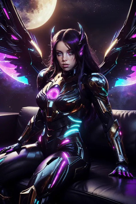 a realistic digital painting of (Billie Eilish:1.0), At the edge of a moonlit abyss, a seductive female human Succubus (photorealistic:1.35) perches, her allure as dangerous as her bat-like wings. Her face, accentuated by (sultry, beguiling makeup:1.2), echoes her treacherous charm. Her eyes (gleam red:1.2) with magical allure, a wicked smile playing on her lips. The full moon's glow and her hypnotic allure embody the tempting nature of her demonic charm , Space buns with glitter hair gel Two high buns styled with glitter hair gel, giving a playful and youthful vibe to the look. wearing (As a female character donning the Crysis Nanosuit, create an outstanding, high-resolution image set in an urban battleground. The debris and decimated structures around her are starkly juxtaposed with the pristine, futuristic look of her Nanosuit. Her suit's muscular silhouette is accentuated under the city's neon lights, as she stands ready, her posture echoing the imminent danger and the urgency of her mission.:1.2) , (She's sitting with her legs folded beneath her on a plush couch. One arm drapes over the back of the sofa while the other languidly holds a long-stemmed rose or a glass of champagne. Her eyes hold a soft, romantic, and enchanting gaze that invites the viewer into her world.:1.1) ,(professional majestic oil painting,lifelike textures,atmospheric lighting,highly detailed,beautifully crafted digital painting,super realistic,extremely detailed,cinematic,fantasy art,An inspiring, ultra-high-resolution image,Deviant-art,high-resolution,best quality,emotional,sharp focus,hdr,elegant,trending on ArtStation,dramatic lighting,Sharp Focus,unforgettable promo image,captivating scene:1.2), <lora:UltraBlackholeTech:0.85>, ulblackholetech, excessive energy, scifi