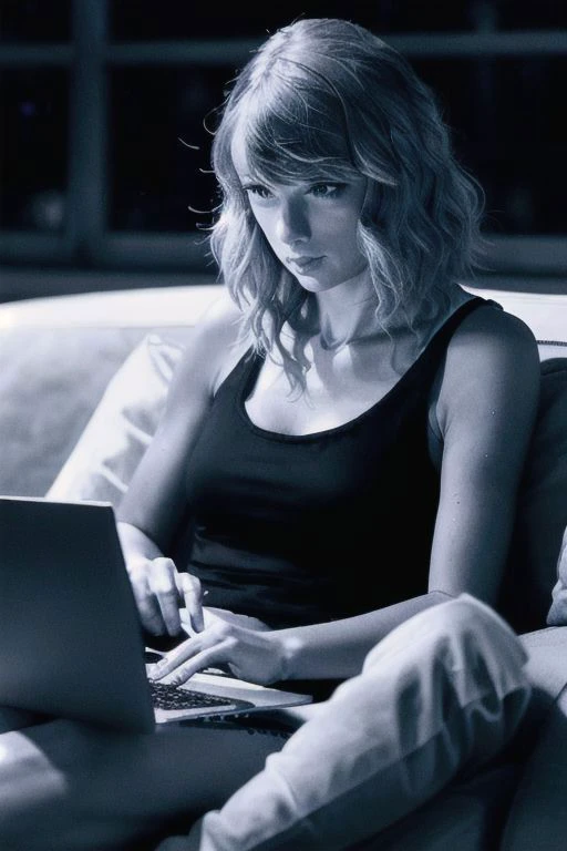 1 woman, Taylor Swift, in tank top and shorts, sitting on couch in darkness, laptop on knees,
StareWare, looking at screen
sharp focus, 
masterpiece, highly detailed,