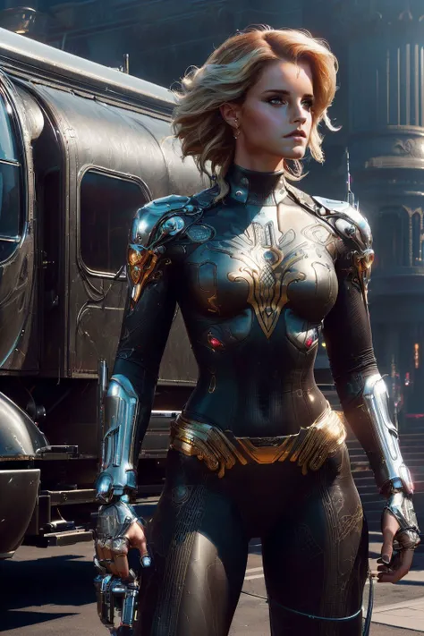A stunning digital painting of (Emma Watson:1.0) by (Kekai Kotaki and Adam Hughes:1.2), Thick, voluminous curls that cascade down the back in a glamorous Hollywood style. wearing (As Female Panam Palmer from Cyberpunk 2077, create a stunning high-resolution piece of digital art. The scene unfolds in her caravan, the interior bathed in the soft glow of numerous screens and monitors. Dressed in her casual desert gear, she's pouring over the map spread out in front of her, a look of intense focus on her face. The atmospheric lighting, the meticulous detailing of the caravan's interior, and Panam's dedicated expression all contribute to the sense of anticipation.:1.2) , (She stands with her back straight, her hands confidently resting on her hips. Her legs are slightly apart and she stares directly into the camera with an assertive gaze.:1.1) ,(unforgettable illustration,best quality,DSLR-quality,An inspiring, ultra-high-resolution image,captivating concept art,Beautifully realistic,trending on ArtStation,4k quality,sharp focus,smooth skin,cinematic lighting,Photorealistic Painting,8k,unforgettable promo image,realistic lighting,concept art,high-resolution,unreal engine,Deviant-art,volumetric lighting,award-winning digital painting,octane render:1.2), <lora:Luis Royo and Woman v.2:0.85>