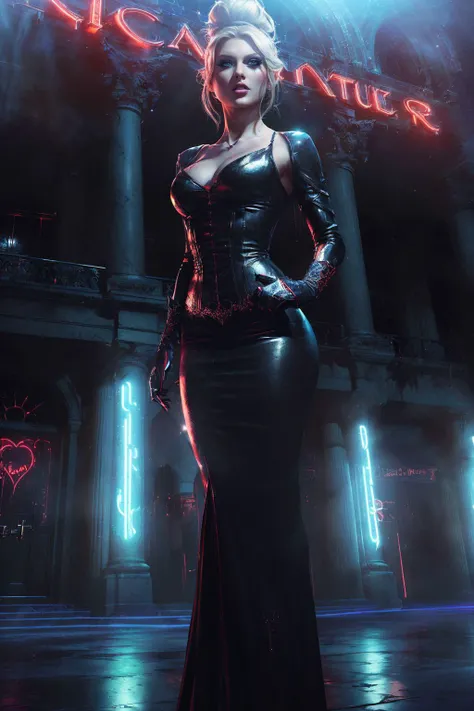 A stunning digital painting of (taylor swift:1.0),solo, (middle shot:1.4), realistic, masterpiece, best quality, high detailed, (As a female version of the protagonist of Vampire: The Masquerade - Bloodlines, create a stunning masterpiece set in the atmospheric heart of Santa Monica. Donning dark, stylish urban attire that's contrasted by her vampiric pallor, she stands before the glowing neon lights of The Asylum nightclub. This high-resolution, 8k quality image captures the essence of her vampiric allure and the dark vibrancy of the World of Darkness.:1.3),(in the style of Adam Hughes:1.1),epic fantasy character art, concept art, fantasy art, fantasy art, vibrant high contrast,trending on ArtStation, dramatic lighting, ambient occlusion, volumetric lighting, emotional, Deviant-art, hyper detailed illustration, 8k, gorgeous lighting, <lora:VampiricTech:0.35>,vamptech ,(full height portrait:1.8),(A high, messy bun with strands artfully teased to create a sexy, tousled effect.:1.2),photoshoot