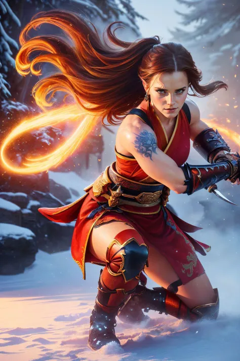 Emma Watson, a realistic digital painting of (emm4w4ts0n:1.1), In the heat of a chaotic battle, a female human Barbarian, (photorealistic:1.35) rages. Her fierce expression is accentuated by (war paint styled makeup:1.2), and long, wild hair flowing freely. She wields a massive axe, and tribal tattoos cover her muscular arms. The battlefield, the flying dirt, and the Barbarian's indomitable spirit capture the fury of battle , Sleek, high ponytail with a sharp center part that highlights the curve of the neck. wearing (As Female O-Ren Ishii, design an incredible work of art in high-resolution 8K quality. Dressed in a traditional kimono, she's standing against a snow-covered garden, her katana drawn for a duel. The stunning visual contrast of the crimson blood on the pristine snow and her intense gaze forms a mesmerizing narrative.:1.2) , (She kneels on one knee, resting her weight on her heel, with her other leg stretched out in front. Her hands rest lightly on her knee, and her head is turned to the side, gazing into the distance.:1.1) ,(DSLR-quality,hyper detailed illustration,8k quality,high-resolution,ambient occlusion,intricate,beautifully crafted digital painting,unreal engine,Beautifully realistic,award winning,captivating concept art,unforgettable illustration,realistic lighting,award-winning digital painting,professional majestic oil painting,cinematic lighting,4k quality,sharp focus,vibrant high contrast,trending on ArtStation,iconic and memorable,high detailed,epic fantasy character art,vivid colors:1.2), <lora:GlowingRunesAIv4:0.55>, GlowingRunes_red