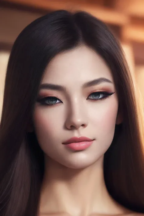 Hyperrealistic art upper body, photo of a beautiful young girl, black hair, long hair, green eyes, detailed face, detailed eyes, eye shadow, harmonious lips, arched eyebrow, eyes turned upwards, snub nose, closed mouth, <lora:locon_perfecteyes_v1_from_v1_64_32>, perfecteyes, makeup on the cheek, elongated eyelashes, perfect skin, cherrmous style, asian,, (masterpiece, high quality, best quality:1.3), Detailed . Extremely high-resolution details, photographic, realism pushed to extreme, fine texture, incredibly lifelike