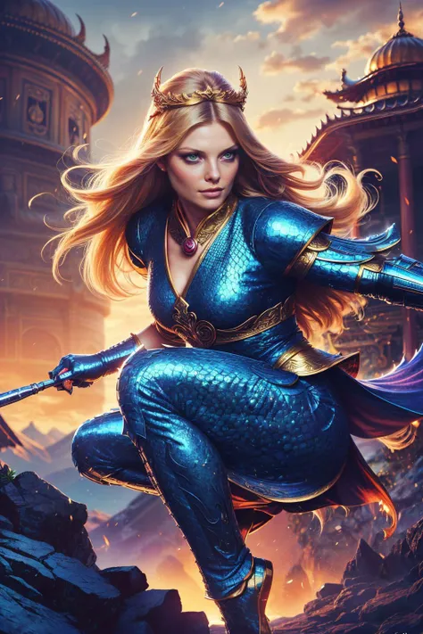 a realistic digital painting of (mpfe1ffer:1.1), In the midst of a rocky mountain peak, a female human Dragon Disciple (photorealistic:1.35) stands tall, with scales starting to form on her skin. Her face features (bold, reptilian-styled makeup:1.2), adding to her otherworldly transformation. A draconic aura surrounds her, as her eyes gleam with raw power. The harsh mountain terrain, the stirring winds, and the Disciple's intense transformation capture the power of the dragon , Wavy hair with a floral crown: Soft, natural waves with a floral crown placed on top, creating a romantic and dreamy look. wearing (As Ming Xiao, create an atmospheric scene set within the Golden Temple. In her traditional Asian attire, she stands poised and dignified, her face an enigma. The elaborate oriental decor adds an element of mysticism to this high-resolution, 8k quality image, encapsulating the aura of this inscrutable, ancient Kuei-jin leader.:1.2) , (In a high kick pose, she balances on one leg, the other extended high and straight. One arm reaches out to the side, the other guards her face. Her gaze is fierce, powerful.:1.1) ,(4k,volumetric lighting,4k quality,ultra detailed,incredibly detailed,atmospheric lighting,A mesmerizing, hyper-realistic portrayal,unforgettable illustration,emotional,Photorealistic Painting,Sharp Focus,dramatic lighting,8k,8k wallpaper,captivating scene,epic composition,Deviant-art,sharp focus,masterful artwork,hyper detailed illustration,masterpiece,elegant:1.2), <lora:VampiricTech:0.55>, vamptech, vampiric