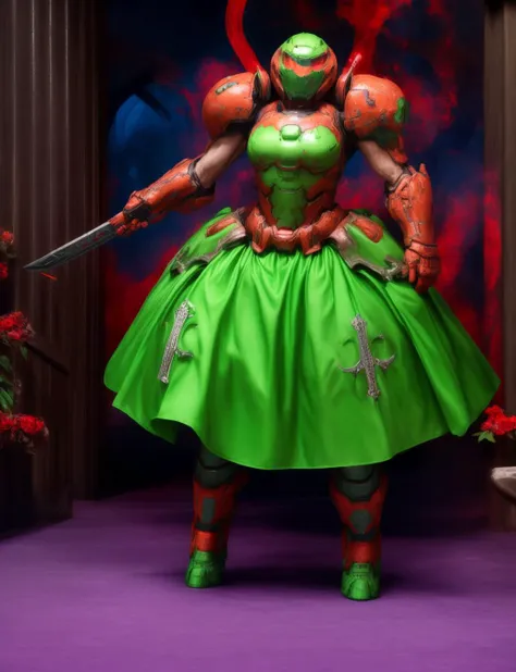 Ultra-realistic 8k CG, masterpiece, best quality, (very detailed face),masterpiece, best quality, 1girl, 20 years old, woman, colorful, (full body, wide shot), <lora:more_details:0.8> <lora:SlayerGown:0.8> ballgown,dslayer, wearing a ballgown,the only thing they fear is you, rip and tear until it is done, he is doom, the slayer's time is now,