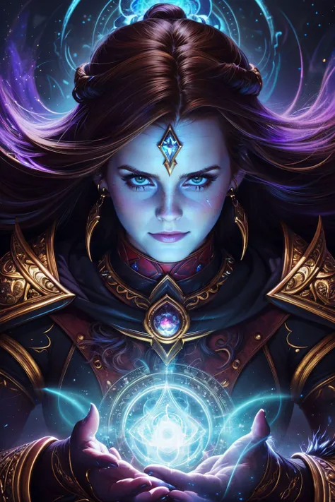 Emma Watson,  a realistic digital painting of (emm4w4ts0n:1.1), Craft a deeply detailed and vivid fantasy portrait of a human female Summoner, drawing inspiration from the rich fantasy lore of Pathfinder RPG. Emphasize her mystical and commanding persona, inspired by the imaginative artwork of Brom and Yoshitaka Amano.Situate her in an ancient and intricate magical circle, etched with glowing, arcane symbols against a backdrop of a vast, twilight-lit library full of tomes and scrolls. The ethereal glow from the magic circle illuminates her, casting long, enchanting shadows and highlighting her focused expression.Her attire is an enchanting blend of practical adventuring gear and ethereal, otherworldly elements. She wears an intricate, beautifully embroidered robe in deep purples and blues, reflecting her arcane prowess. It's embellished with shimmering silver and gold accents, and gemstones that echo the colors of the multiverse, a testament to her power in calling forth creatures from other realms.Her makeup is distinctive and as expressive as her character - a sweep of deep, smoky eyeshadow accentuates her intense gaze, a touch of blush gives life to her cheeks, and a bold, berry-tinted lip adds to her powerful presence. A dash of iridescent highlighter on her cheekbones captures the ethereal light of the magical circle, adding a touch of enchantment.Alongside her, manifesting from the magic circle, is her Eidolon, a powerful summoned creature with an appearance as awe-inspiring and mystical as its summoner. The Eidolon, rendered with the same intricate detail and care, stands as a symbol of her mystical bond and her remarkable summoning abilities.Best artwork, let the portrait showcase the unique character of a Summoner   her commanding presence, her deep connection to the arcane, and the mystique surrounding her Eidolon. The artwork should reflect the grandeur of her environment, the preciseness of her makeup, and the depth of her role within the Pathfinder RPG universe, , Low ponytail with feather hair accessory: A low ponytail wrapped with a delicate feather hair accessory, giving a soft and feminine feel to the look. wearing (As a female Draugr, bring to life a chilling, ultra-realistic scene set in the depths of an ancient Nordic tomb. Wrapped in worn, aged bandages, her eyes glow a haunting blue in the surrounding darkness. This high-quality masterpiece captures the eerie atmosphere of Skyrim's crypts and the terror instilled by these cursed beings.:1.2) , (A defensive stance, her body turned slightly sideways. One arm is up to guard, the other pulled back, ready to counter. She looks off to the side, her gaze intense and watchful.:1.1) ,(sharp focus,octane render,dramatic lighting,8k,high-resolution,Beautifully realistic,concept art,Photorealistic Painting,DSLR-quality,award-winning digital painting,hyperrealism,super realistic,captivating scene,striking contrast,intricately designed,hdr,An inspiring, ultra-high-resolution image,masterpiece,subsurface scattering,gorgeous lighting,emotional,volumetric lighting:1.2), <lora:InfraBlackholeTech:0.55>, inblackholetech, excessive energy, scifi
