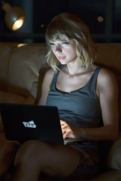 1 woman, Taylor Swift, in tank top and shorts, sitting on couch in darkness, laptop on knees,
StareWare, looking at screen
sharp focus, 
masterpiece, highly detailed,