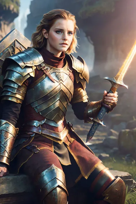 Emma Watson, A stunning digital painting of (emm4w4ts0n:1.1) by (Michael Whelan and Wayne Barlowe:1.2), Straight, shoulder-length hair styled in a sleek and sophisticated look, with a side part and just a hint of wave at the tips. wearing (As Brienne of Tarth, the loyal and honorable knight, clad in full armor, holding her Valyrian steel sword Oathkeeper, standing in front of a battle-ravaged landscape, a look of determination on her face, with her trusted squire Podrick Payne at her side:1.2) , (She's sitting with her legs folded beneath her on a plush couch. One arm drapes over the back of the sofa while the other languidly holds a long-stemmed rose or a glass of champagne. Her eyes hold a soft, romantic, and enchanting gaze that invites the viewer into her world.:1.1) ,(DSLR-quality,extremely detailed,volumetric lighting,dramatic lighting,octane render,CG unity,super realistic,sharp focus,Sharp Focus,Dramatic,hyper detailed illustration,4k,8k wallpaper,4k quality,cinematic lighting,award-winning digital painting,vivid colors,intricate,intricately designed,An inspiring, ultra-high-resolution image,realistic lighting,Deviant-art:1.2), <lora:GlowingRunesAIv4:0.55>, GlowingRunes_green