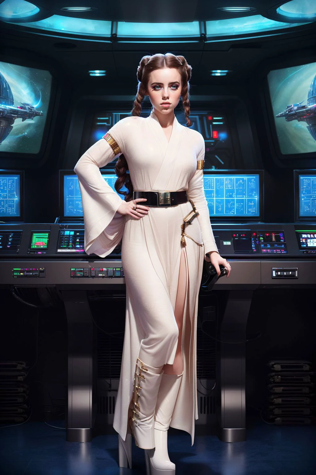 A stunning digital painting of (billie eilish:1.0),solo, (middle shot:1.4), realistic, masterpiece, best quality, high detailed, (As Princess Leia from the Star Wars saga, dressed in her iconic white robe and belt, her hair styled into two side buns. She stands in the command center of a Rebel base, her courage and leadership skills evident as she directs her forces against the evil Empire.:1.3),(in the style of Roger Dean:1.1),epic fantasy character art, concept art, fantasy art, fantasy art, vibrant high contrast,trending on ArtStation, dramatic lighting, ambient occlusion, volumetric lighting, emotional, Deviant-art, hyper detailed illustration, 8k, gorgeous lighting, <lora:VampiricTech:0.35>,vamptech ,(full height portrait:1.8),(Thick, voluminous curls that cascade down the back in a glamorous Hollywood style.:1.2)