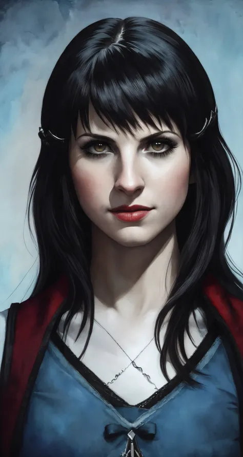hayley williams, solo, black hair, black eyes,
detailed background, hyper realistic, real life,
paya from the legend of zelda,
middle shot, realistic, verism style,
beautifully captures her quiet strength and determination,illustrate a mesmerizing,journey-ending,strikingly realistic painting will capture her keen intellect and idiosyncratic personality,As a female version of the protagonist of Vampire: The Masquerade - Bloodlines,
Pinnacle-grade narrative,Unbelievably detailed,Painstakingly detailed,Paramount detail,Panoramic detail, fantasy, unsplash, Nightshirt, absurdly long hair,
rusty, (delightful:0.9), (epic:0.8),
watercolor painting, by Thomas Nast, by Lyubov Popova,