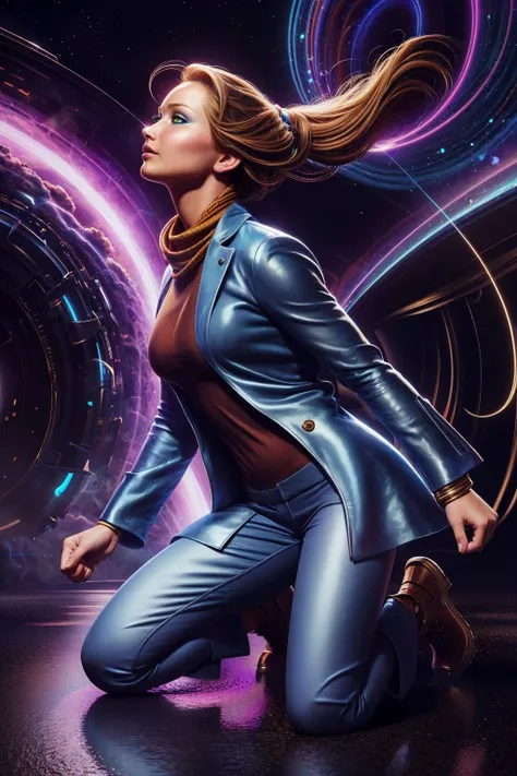 a realistic painting of (Jennifer Lawrence:1.0) by (Michael Whelan and Keith Parkinson:1.4), A slicked-back low bun that emphasizes the curve of the neck and jawline, with the hair styled to look wet. wearing A tailored, camel-colored woolen coat worn over a denim shirt and white chinos. Paired with leather loafers and a patterned scarf. , (She kneels on one knee, the other foot planted on the ground, her fist resting on the ground for support. She looks up towards the horizon, her gaze steely and resilient.:1.1) , (subsurface scattering,CG unity,realistic lighting,hyperrealism,Photorealistic Painting,best quality,octane render,incredibly detailed:1.2), <lora:InfraBlackholeTech:0.95>, inblackholetech, excessive energy, scifi