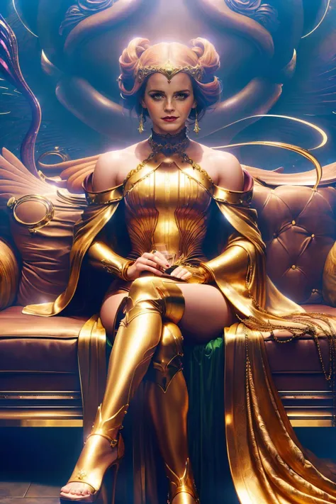 a realistic painting of (Emma Watson:1.0) by (Moebius and Wayne Barlowe:1.4), Messy bun with a chain hair accessory: A messy bun held together with a thick chain hair accessory, giving off a rebellious and slightly dominant vibe. wearing An emerald green velvet maxi dress with a thigh-high slit. Accessorized with gold strappy heels, a gold box clutch, and a statement gold cuff bracelet. , (She's sitting with her legs folded beneath her on a plush couch. One arm drapes over the back of the sofa while the other languidly holds a long-stemmed rose or a glass of champagne. Her eyes hold a soft, romantic, and enchanting gaze that invites the viewer into her world.:1.1) , (volumetric lighting,extremely detailed,incredibly detailed,realistic lighting,Dramatic,CG unity,masterpiece,best quality:1.2), <lora:BlessedTech:0.85>, blessedtech, blessed, aura