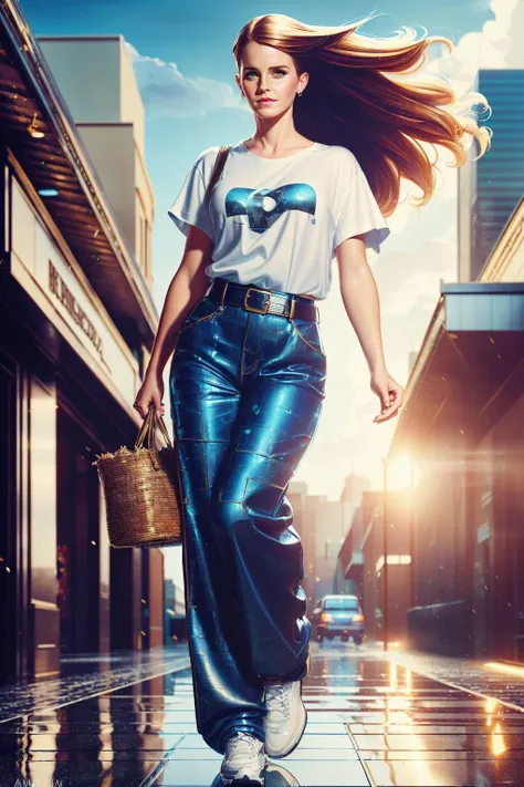 a realistic painting of (Emma Watson:1.0) by (Adam Hughes and Michael Whelan:1.4), Wet, slicked-back hair styled in a bold and daring look that draws attention to the cheekbones and jawline. wearing Drawing from Japanese street fashion, a loose-fitting graphic tee tucked into belted, high-waisted, wide-leg trousers. Accessorized with chunky sneakers and a colorful tote bag. , (A defensive stance, her body turned slightly sideways. One arm is up to guard, the other pulled back, ready to counter. She looks off to the side, her gaze intense and watchful.:1.1) , (realistic lighting,ultra detailed,Sharp Focus,Beautifully realistic,elegant,professional majestic oil painting,cinematic,intricate:1.2), <lora:GlassTech:0.95>, glasstech, transparent, scifi
