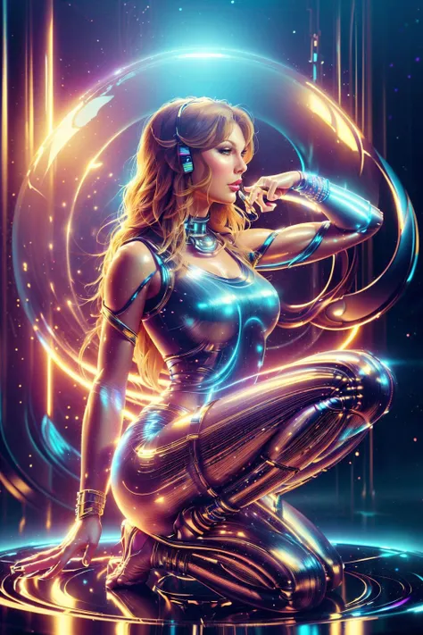 a realistic painting of (Taylor Swift:1.0) by (Michael Whelan and Moebius:1.4), A short, choppy bob with plenty of texture and layers, styled in a sexy and edgy look that highlights the cheekbones and jawline. wearing A nod to Indian attire, a colorful kurta tunic worn over fitted leggings, completed with beaded sandals and a handful of bangle bracelets. , (Resting her weight on one leg, she bends her other knee, foot pointed out elegantly. One hand rests on her hip, and the other arm is gracefully extended, fingertips gently brushing her cheek.:1.1) , (8k wallpaper,super realistic,subsurface scattering,intricate,octane render,masterpiece,global illumination,Dramatic:1.2), <lora:GlassTech:0.95>, glasstech, transparent, scifi