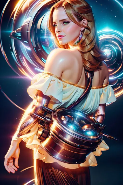a realistic painting of (Emma Watson:1.0) by (Hajime Sorayama and Raymond Swanland:1.4), Straight, shoulder-length hair styled in a sleek and sophisticated look, with a side part and just a hint of wave at the tips. wearing From Mexico, a white, flowy, off-the-shoulder blouse paired with a vibrant, embroidered skirt. Paired with leather huarache sandals and a colorful tote bag. , (A squat position. She stands with feet shoulder-width apart, sinking into a squat with her hands held together in front of her. Her back is straight, and her gaze is forward, showing strength and resilience.:1.1) , (subsurface scattering,hdr,Beautifully realistic,volumetric lighting,global illumination,incredibly detailed,professional majestic oil painting,elegant:1.2), <lora:OpticalTech:0.85>, opticaltech, optical fibers, inner glow