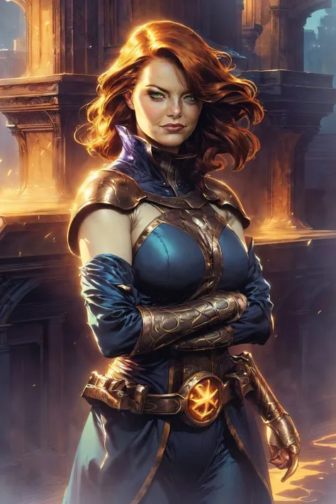 a realistic painting of (Emma Stone:1.0) by (Raymond Swanland and Dorian Cleavenger:0.8), Thick, voluminous curls that cascade down the back in a glamorous Hollywood style. wearing A fitted black turtleneck worn under a mustard yellow woolen coat. Paired with fitted black trousers and lace-up boots. , (Standing tall, she crosses her arms over her chest. Her feet are shoulder-width apart and she stares directly into the camera, her gaze is strong and determined.:1.1) , (best quality,hyperrealism,atmospheric lights,Sharp Focus,incredibly detailed,Beautifully realistic,intricate,hdr:1.2), <lora:sxz-wowstyle_v4_50_64:0.85> , <lora:comicdiffusion_Lora300:0.85>, jamesdaly artstyle , by (Alan Lee and Charles Vess:1.2)