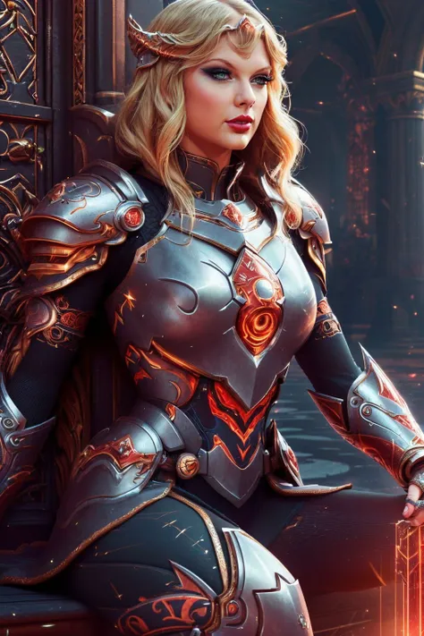 a realistic digital painting of (Taylor Swift:1.0), In the gleaming halls of a majestic fortress, a female human Paladin stands resolute. Her full plate armor sparkles under the grand arches, her helmet held under her arm to reveal her stern face adorned with (stark, courageous makeup:1.2). In her other hand, she holds a brightly glowing sword, symbolizing justice and order. The setting, her regal stance, and her divine weapon together capture the divine mission of a Paladin in a (photorealistic:1.35), (highly detailed:1.4) style , Tightly braided cornrows or twists that create an intricate, eye-catching pattern. wearing An oversized beige knit sweater tucked into black leather leggings. Paired with chunky ankle boots and a small black backpack. A simple yet chic outfit for cooler days. , (Sitting with her back to the camera, she twists her torso to glance over her shoulder. One hand lightly touches her neck, and the other rests on her hip. This pose is mysterious, yet alluring.:1.1) , (elegant,Sharp Focus,best quality,unreal engine,global illumination,realistic lighting,octane render,8k wallpaper:1.2), <lora:InfraBlackholeTech:0.95>, inblackholetech, excessive energy, scifi