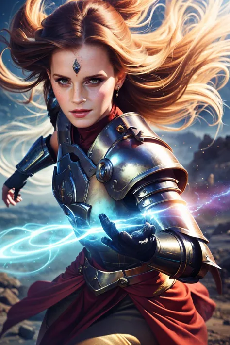 a realistic digital painting of (Emma Watson:1.0), Envision a meticulously detailed fantasy RPG portrait of a human female cleric in the throes of a chaotic battlefield from the Pathfinder universe. She is a beacon of divine healing and resilience, a symbol of hope amidst despair.Her facial features are accentuated by a minimal, yet purposeful makeup: a subtle touch of kohl to highlight her steadfast gaze, a dab of rose-tinted balm on her lips that speaks volumes of her unspoken prayers, and a barely-there dusting of blush on her high cheekbones, revealing the physical exertion of battle.She is adorned in a suit of (radiant robed armor:1.3) that shimmers with divine energy, the (engravings of her deity subtly glowing:1.3) with her every breath. In one hand, she tightly grasps a sturdy, (adorned mace:1.2)   the weapon of her divine calling. Her other hand is extended forward, (softly glowing with a soothing light:1.3), ready to mend wounds and give solace to the injured.The artwork should imbibe the spirit of Sandara and Todd Lockwood, merging the former's vivacious and dynamic style with the latter's dramatic combat imagery and exquisite armor detailing.The cleric stands steadfast amidst the raging battlefield. The backdrop is a tumultuous panorama of warriors locked in combat, the ground scarred and smeared with the grit of the fight. Yet, around her, there exists a (gentle glow, a divine aura:1.3) that subtly separates her from the chaos, like a soft focus spotlight in a theatre of war.This digital painting must capture the tumultuous dichotomy of war and healing, contrasting the brutal reality of the battlefield with the gentle, ethereal aura of the cleric. Each element, from the individual links of her armor to the chaotic flurry of the battlefield, should be painstakingly detailed, creating a grand tapestry that narrates a story of hope, resilience, and divine intervention. , Short, choppy layers framing the face, with a bold, asymmetrical fringe. wearing A mermaid silhouette dress in deep navy blue, with sequin embellishments that shimmer with every movement. The gown's plunging V-neckline and flared tulle hem make it a standout piece for a glamorous evening. , (She stands with her back to the camera, looking over her shoulder with a smoky gaze. Her body is slightly twisted, creating a curve that starts from her shoulders, down her spine, and ends at her hips. This pose is alluring, highlighting her figure while leaving room for the viewer's imagination.:1.1) , (best quality,elegant,hdr,octane render,subsurface scattering,realistic lighting,8k wallpaper,atmospheric lights:1.2), <lora:UltraBlackholeTech:0.95>, ulblackholetech, excessive energy, scifi