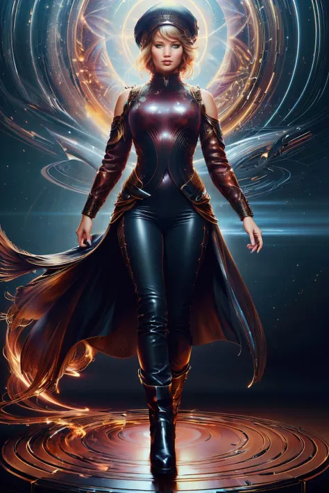 a realistic painting of (Jennifer Lawrence:1.0) by (Alan Lee and Oliver Wetter:1.4), Short, choppy layers framing the face, with a bold, asymmetrical fringe. wearing A classic black pea coat worn over a red knit sweater and dark wash jeans. Completed with black leather boots and a matching black beanie. , (She stands, arms crossed over her chest, her feet shoulder-width apart. Her gaze is confident and fierce, looking directly into the camera.:1.1) , (elegant,best quality,ultra detailed,cinematic,volumetric lighting,hyperrealism,professional majestic oil painting,extremely detailed:1.2), <lora:VampiricTech:0.95>, vamptech, vampiric <lora::1>