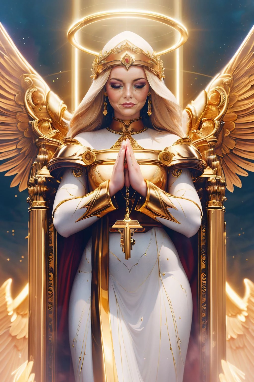 a realistic digital painting of (Emma Stone:1.0), Before a divine, radiant altar, a female human Warpriest (photorealistic:1.35) prays for victory. Her face, embellished with (devotional, holy makeup:1.2), embodies her unwavering faith. She raises a blessed weapon, her prayer resonating with holy might. The holy altar, the divine light, and the Warpriest's zealous prayer capture the sacred devotion of her class , A voluminous, layered style with plenty of body and movement, styled in loose waves that frame the face. wearing A daring, black lace bodysuit with cut-outs at the waist and a high-neck collar. The piece features a keyhole detail in the back, adding to the allure. , (Standing against a wall, she crosses one ankle over the other and folds her arms over her chest. Her head is tilted to one side, and her gaze is challenging and captivating.:1.1) , (best quality,hdr,atmospheric lights,Sharp Focus,professional majestic oil painting,extremely detailed,Dramatic,incredibly detailed:1.2), <lora:BlessedTech:0.95>, blessedtech, blessed, aura