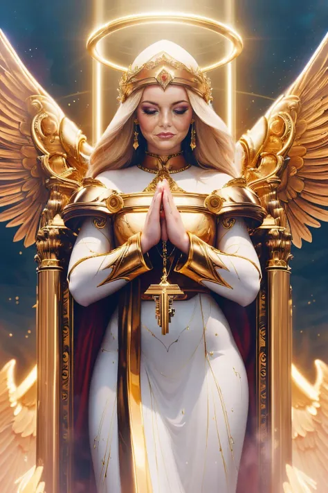 a realistic digital painting of (Emma Stone:1.0), Before a divine, radiant altar, a female human Warpriest (photorealistic:1.35) prays for victory. Her face, embellished with (devotional, holy makeup:1.2), embodies her unwavering faith. She raises a blessed weapon, her prayer resonating with holy might. The holy altar, the divine light, and the Warpriest's zealous prayer capture the sacred devotion of her class  , A voluminous, layered style with plenty of body and movement, styled in loose waves that frame the face. wearing A daring, black lace bodysuit with cut-outs at the waist and a high-neck collar. The piece features a keyhole detail in the back, adding to the allure. , (Standing against a wall, she crosses one ankle over the other and folds her arms over her chest. Her head is tilted to one side, and her gaze is challenging and captivating.:1.1) , (best quality,hdr,atmospheric lights,Sharp Focus,professional majestic oil painting,extremely detailed,Dramatic,incredibly detailed:1.2), <lora:BlessedTech:0.95>, blessedtech, blessed, aura